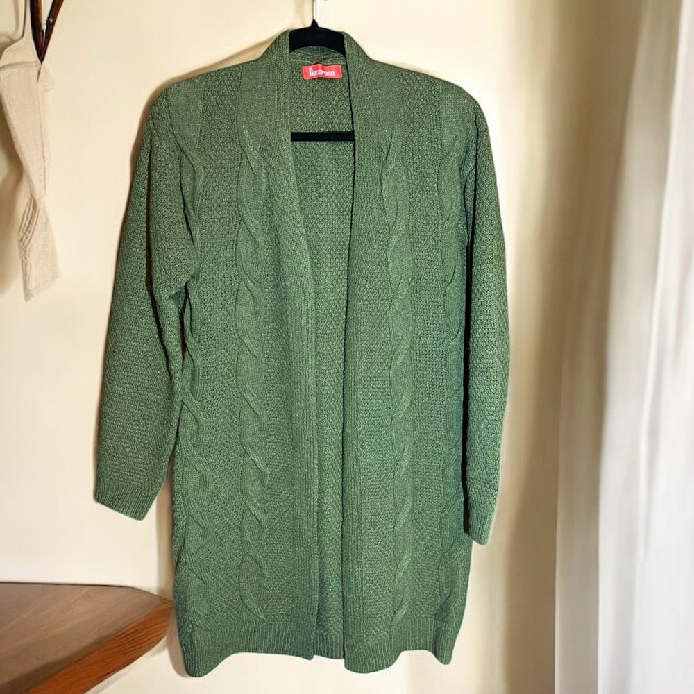 Women’s Green Wool Knit Long Tunic Cardigan Size L